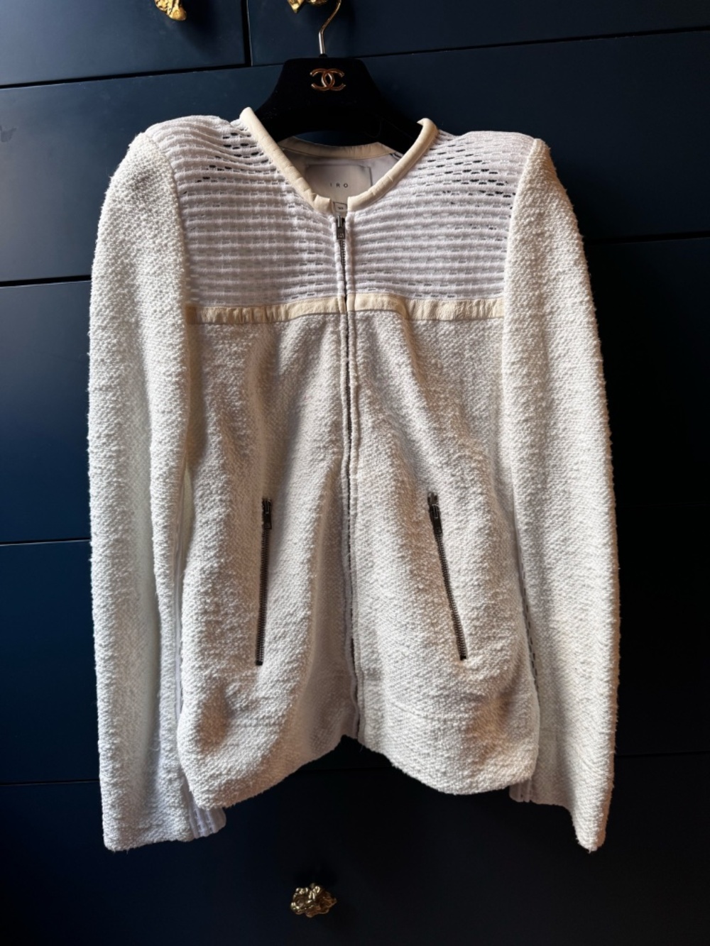 s38 IRO Hurley Knit Blazer Jacket in Ecru leather trim